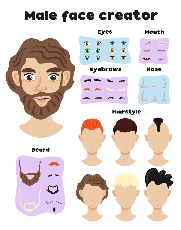 Free Vector male face creator set of elements and face templates with different hairstyle and hair colors vector illustration