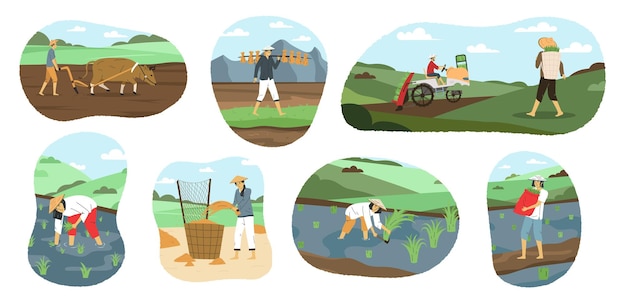 Vettore gratuito gli agricoltori asiatici maschi e femmine che arano e raccolgono composizioni piatte impostano un'illustrazione vettoriale isolata