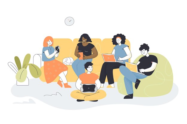 Male and female cartoon characters using laptops, tablet, smartphones. Digital device users spending time together flat vector illustration. Modern technology, internet surfing, public access concept