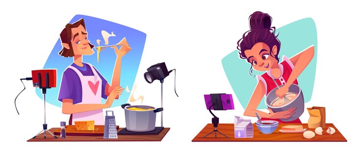 Free Vector male and female food bloggers cooking on camera