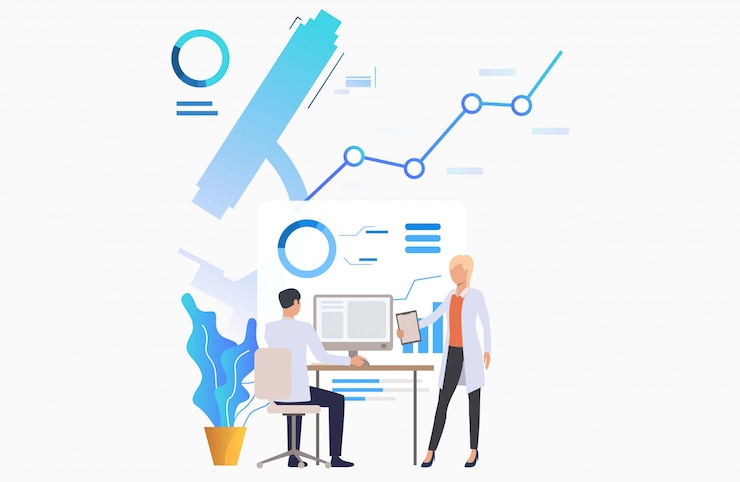 Free Vector male and female medics examining scientific data 
