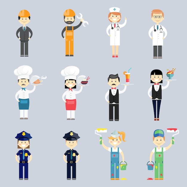 Male and female professional character vector set with doctor and nurse  cook and chef  waiter and waitress  police sergeants  interior decorators and construction workers