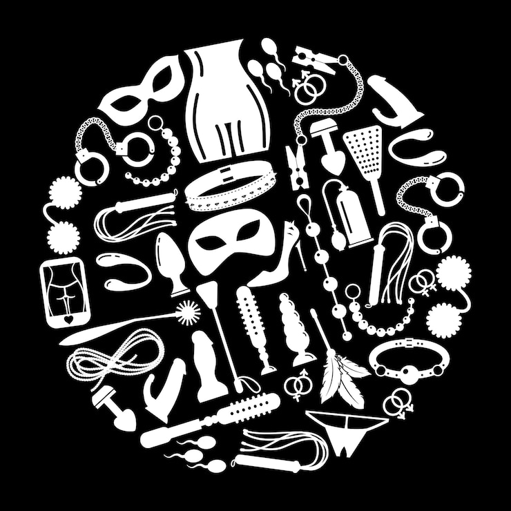 Free Vector male and female sex elements. sex toy handcuffs and fetish, sex vibrator or dildo and accessories.