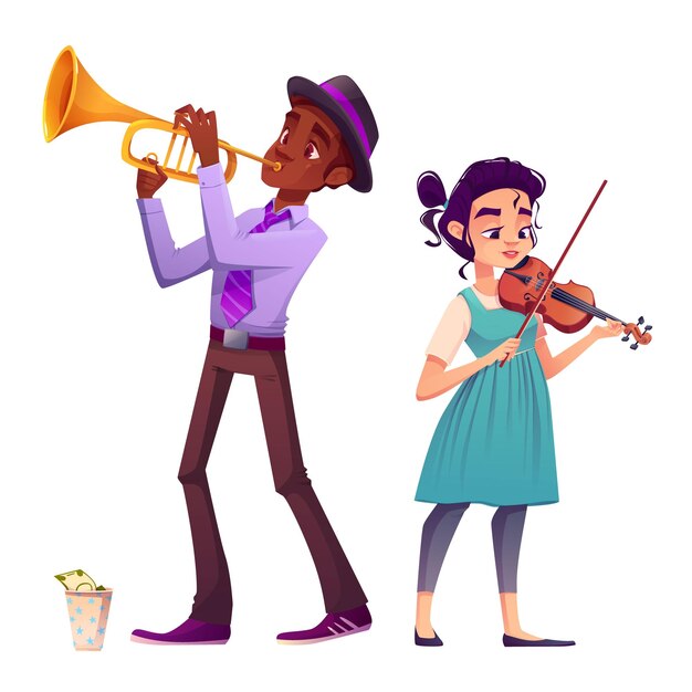 Уличные музыканты мужского и женского пола, играющие на трубе и скрипке, чтобы собрать деньги в бумажном стаканчике на белом фоне Векторная карикатура на музыкальную группу, выступающую в метро или на городской площади