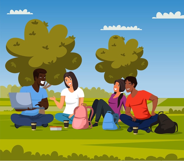 Free Vector | Male and female students rest study in campus park multiracial teenagers in casual clothes watching funny video on laptop reading book Free Vector | Male and female students rest study in campus park multiracial teenagers in casual clothes watching funny video on laptop reading book