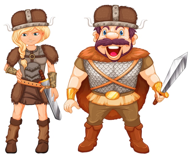 Free vector male and female vikings in armour suit