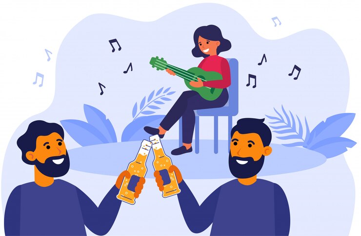 Free Vector male friends drinking beer at acoustic concert outdoors