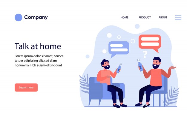 ビールを飲みながら家で話している男性の友人。ウェブサイトテンプレートまたはランディングページ