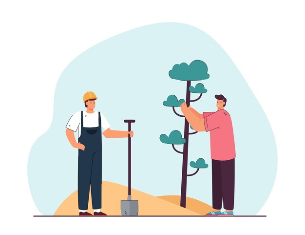 Male friends planting tree together. Man in hardhat and uniform with shovel, guy with plant flat vector illustration. Nature, ecology, environment concept for banner, website design or landing page