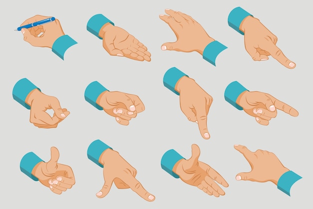 Бесплатное векторное изображение Коллекция мужских рук с различными жестами и сигналами в изометрическом стиле изолированы
