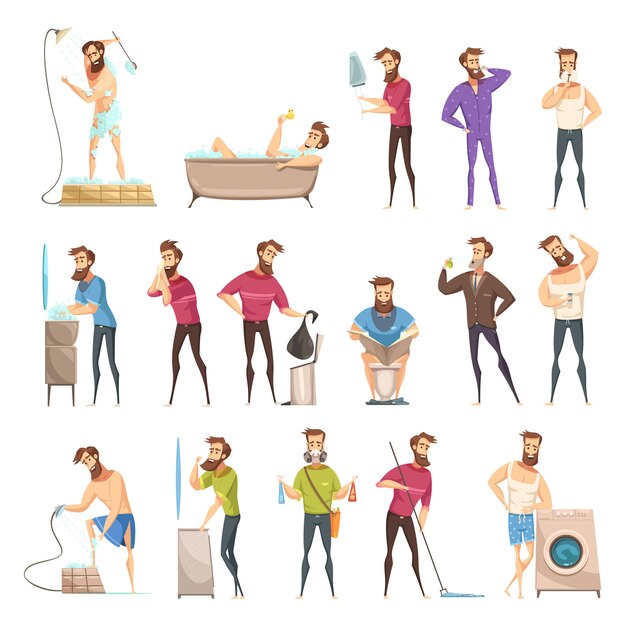 Male hygiene set in cartoon retro style with bearded person in various cleaning activities