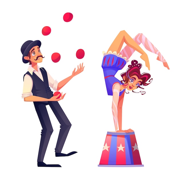 Мужчина-жонглер и женщина-акробат изолированы на белом фоне векторная карикатура на артиста цирка, жонглирующего мячами, гибкий акробат, стоящий на руках на подиуме фестиваль талантов