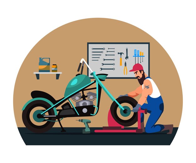 男性の整備士は、白い背景で隔離されたオートバイのホイールを修理します修理店またはモーターサービスの修理とメンテナンスガレージのガレージコンセプトでバイクを修理する男性
