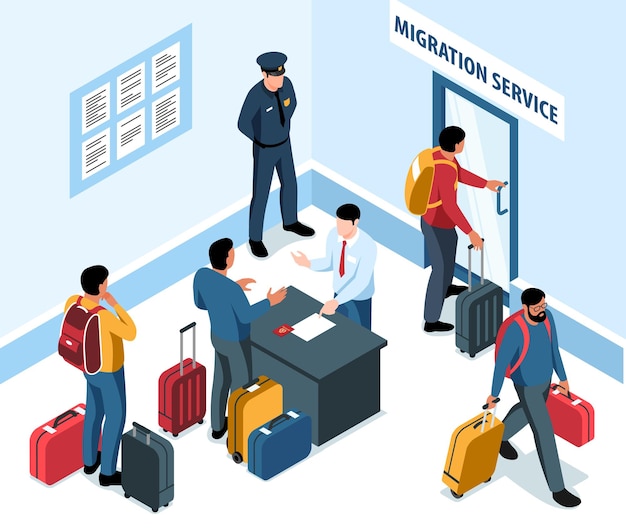 Male migrant workers with suitcases in migration service room 3d isometric vector illustration