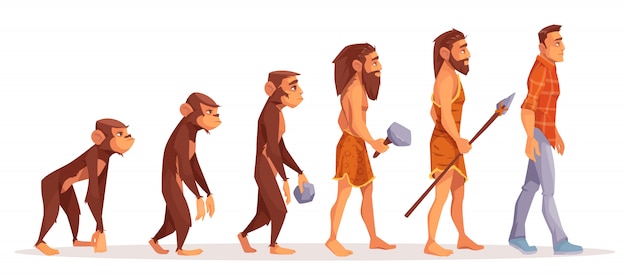 無料ベクター 原始的な道具と武器を持つ雄猿、直立霊長類、先史時代、石器時代のハンターを歩く