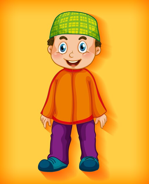 Мужской мусульманский мультипликационный персонаж на цветном градиентном фоне