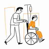 Free vector male nurses help patients push wheelchair, hand drawing vector illustration doodle style