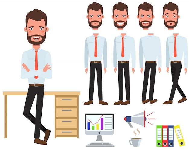 Free vector male office manager at desk character set with different poses