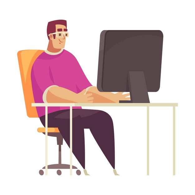 Мужчина-программист в очках, работающий на компьютере в своем офисе с плоской векторной иллюстрацией