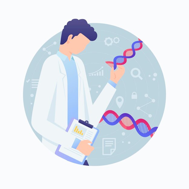 Male scientist holding dna molecules