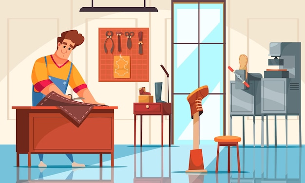 Male shoemaker cutting leather with scissors at modern shoe repair shop cartoon illustration