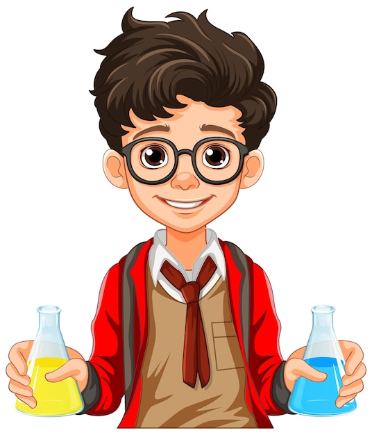 Vettore gratuito fumetto dello studente maschio che tiene la beuta conica sull'esperienza della classe di scienze