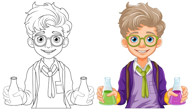 Free vector male student cartoon holding conical flask on science class experiment