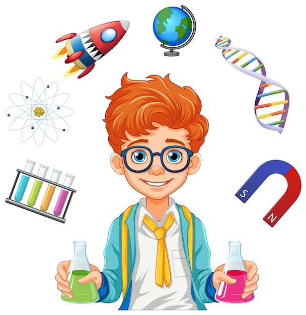 Free vector male student cartoon holding conical flask on science class experiment