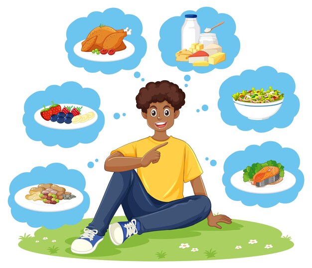Free vector male teen thinking about eating healthy fod