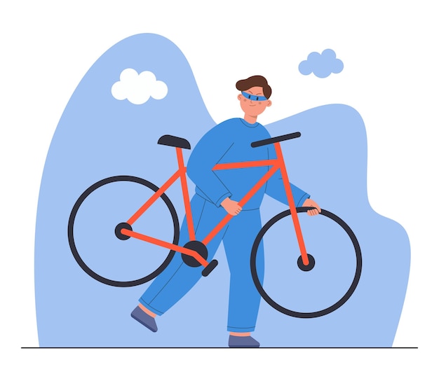 Вор-мужчина держит украденную велосипедную плоскую векторную иллюстрацию. Преступный мультяшный персонаж в маске убегает после совершения ограбления, нарушения или нарушения закона. Кража, грабительская концепция
