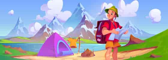 Бесплатное векторное изображение Мужчина-турист с походным рюкзаком и картой в руках