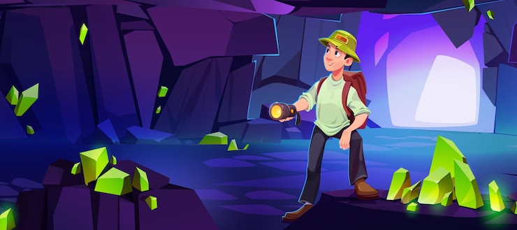 Free Vector male traveler inside treasure cave