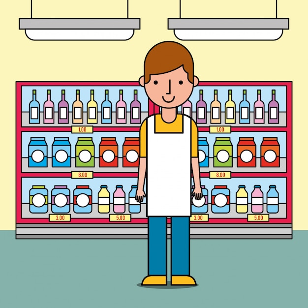 Male worker standing near of shelves with bottles and packages in supermarket