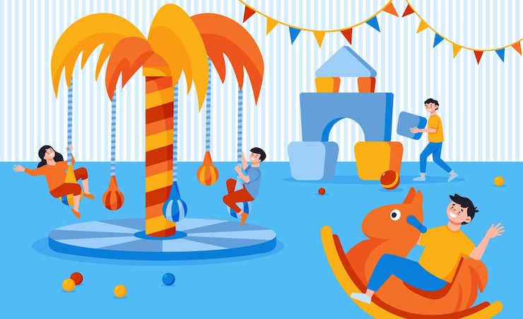 Free Vector mall children playroom composition with indoor view of kids zone with carousels swings and cubes castle vector illustration