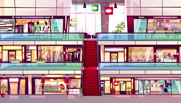 쇼핑몰 상점 중간에 에스컬레이터와 쇼핑 매장 인테리어의 그림.