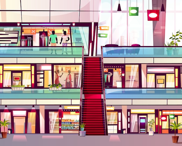 Vettore gratuito il centro commerciale compera con l'illustrazione della scala della scala mobile. moderno centro commerciale a più piani