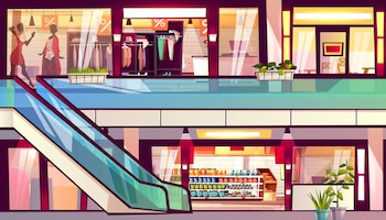 Mall с магазинами и кафе иллюстрации. эскалаторная лестница с супермаркетом продуктовых магазинов