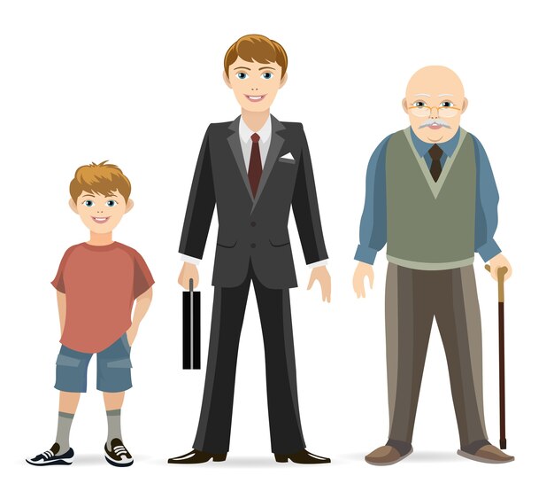 남자 나이 진행 개념 그림. 노인과 성인, 젊은 남성, 나이 남자.