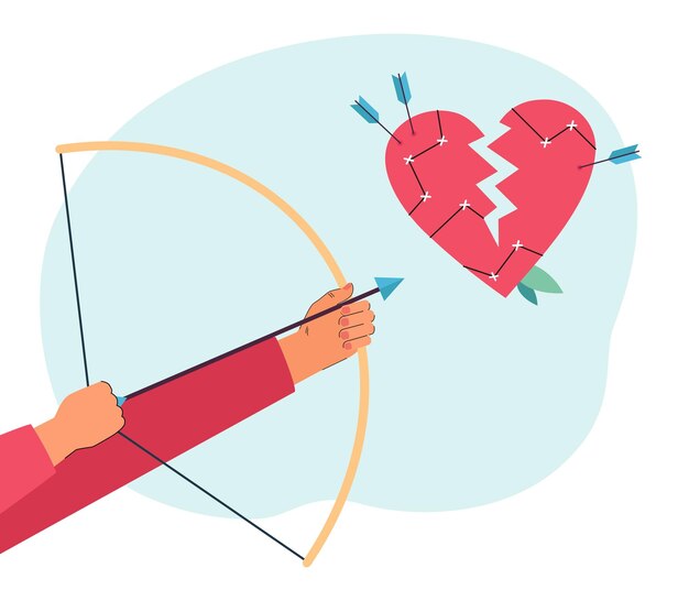 Man aiming arrow at broken heart flat vector illustration