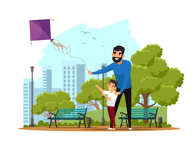 公共の都市公園のイラストで空飛ぶ凧を持つ男と子自然のシーンで父と息子の空飛ぶ凧都市レクリエーション若い男性キャラクターが一緒に幸せ