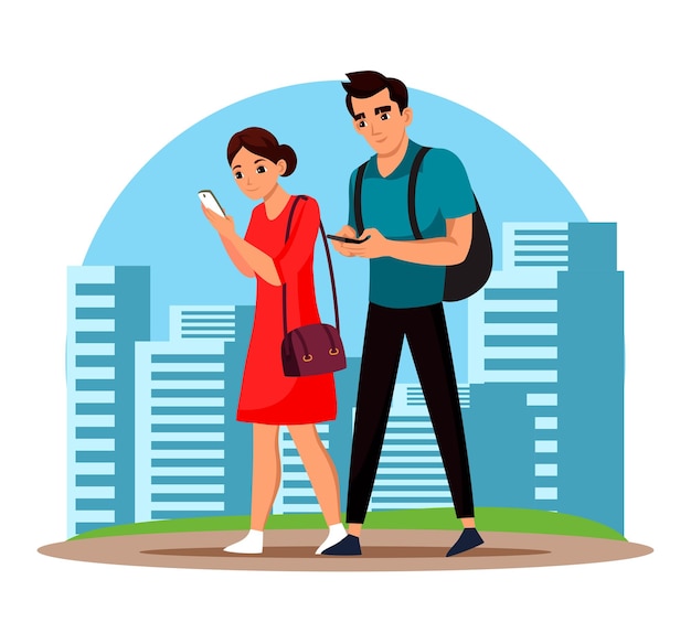 도시 거리를 걷는 동안 전화를 보고 있는 남녀 커플 소셜 미디어 네트워크 채팅 대신 날짜 디지털 기기 중독에 대한 실시간 커뮤니케이션