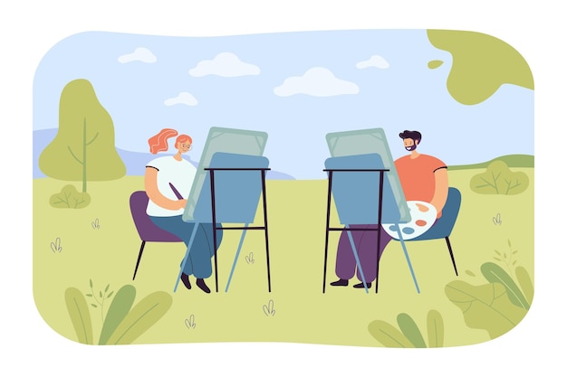 自然の中でイーゼルを描く男と女。牧草地フラットベクトルイラストの椅子に座っている幸せな男性と女性の画家。アート、バナー、ウェブサイトのデザインまたはランディングウェブページの趣味の概念