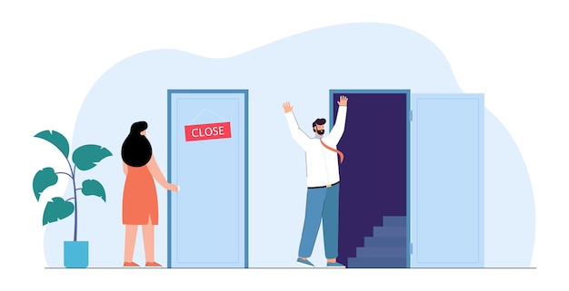 Бесплатное векторное изображение Мужчина и женщина стоят перед открытой и закрытой дверью. неравные социальные права и проблемы с работой женского персонажа плоские векторные иллюстрации. гендерное неравенство и дискриминация, концепция карьеры