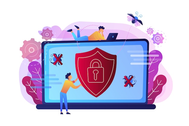 Free vector a man before laptop with shield and lock on the screen illustration