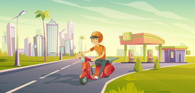 Free vector man on bike driving from eco gas refueling station