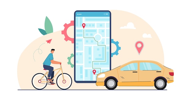 Free vector man on bike tracking route on screen of smartphone. person using mobile app with interactive map, pin location for sport, travel and delivery flat vector illustration. navigation service concept