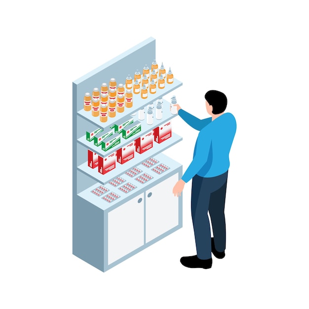 Free vector man buying spray at drug store isometric illustration on white