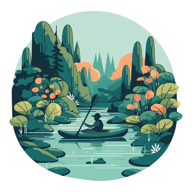 휴식을 위해 자연에서 카누를 타는 남자