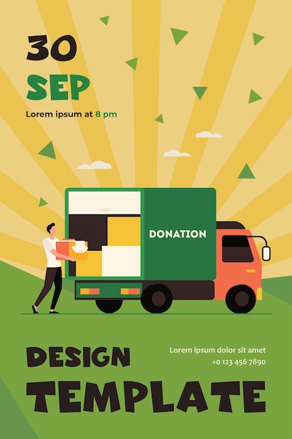 Man carrying box with clothes to donation truck. Courier, volunteer, vehicle flat Flyer template