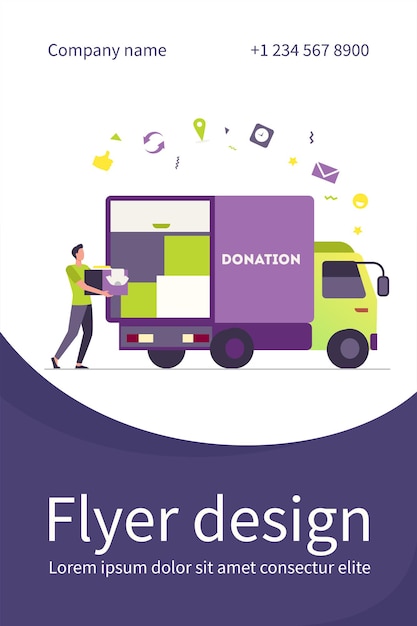 Free vector man carrying box with clothes to donation truck. courier, volunteer, vehicle flat flyer template